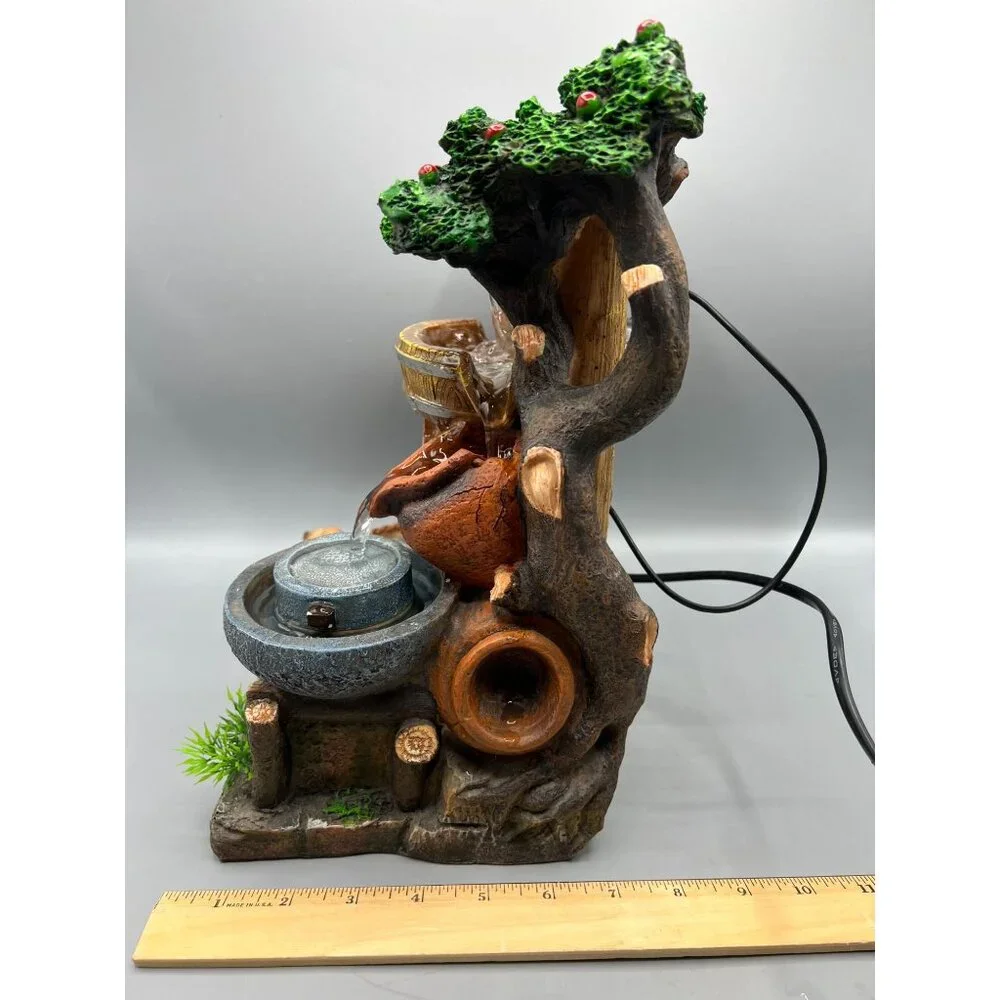 Rustic LED Tabletop Fountain With Water Mill, Dog Figurines & Tree Design 12x10
